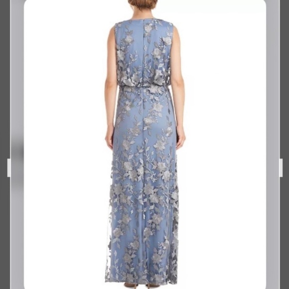 JS Collections Floral Embroidered Mesh Sleeveless Gown in Silver/True Blue Sz 6 - Picture 2 of 11